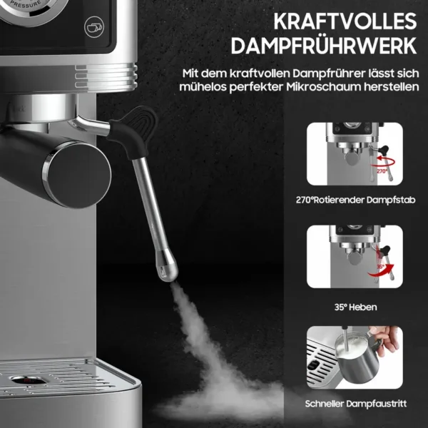 Siebträgermaschine CM1660B mit 20 Bar Ulka-Pumpe, Edelstahlgehäuse, 1350W, 10MM Milchschaumdüse, Manometer, Touch-Bedienung, Tassenwärmer, 1,3L Wassertank, kompakt & stylisch für Barista-Genuss zu Hause & im Büro, Latte - Image 6