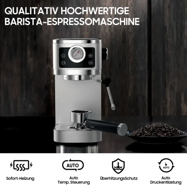 Siebträgermaschine CM1660B mit 20 Bar Ulka-Pumpe, Edelstahlgehäuse, 1350W, 10MM Milchschaumdüse, Manometer, Touch-Bedienung, Tassenwärmer, 1,3L Wassertank, kompakt & stylisch für Barista-Genuss zu Hause & im Büro, Latte - Image 5