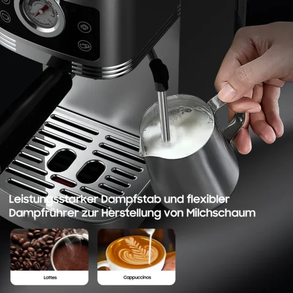 Siebträgermaschine CM1660B mit 20 Bar Ulka-Pumpe, Edelstahlgehäuse, 1350W, 10MM Milchschaumdüse, Manometer, Touch-Bedienung, Tassenwärmer, 1,3L Wassertank, kompakt & stylisch für Barista-Genuss zu Hause & im Büro, Latte - Image 7