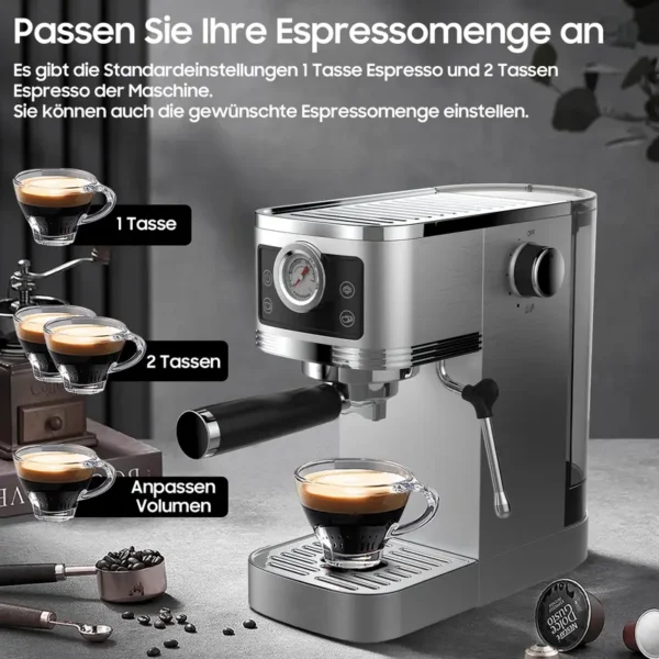 Siebträgermaschine CM1660B mit 20 Bar Ulka-Pumpe, Edelstahlgehäuse, 1350W, 10MM Milchschaumdüse, Manometer, Touch-Bedienung, Tassenwärmer, 1,3L Wassertank, kompakt & stylisch für Barista-Genuss zu Hause & im Büro, Latte - Image 3