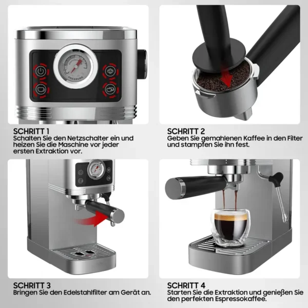 Siebträgermaschine CM1660B mit 20 Bar Ulka-Pumpe, Edelstahlgehäuse, 1350W, 10MM Milchschaumdüse, Manometer, Touch-Bedienung, Tassenwärmer, 1,3L Wassertank, kompakt & stylisch für Barista-Genuss zu Hause & im Büro, Latte - Image 4