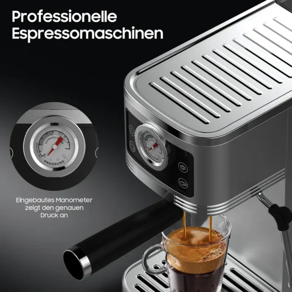 Siebträgermaschine CM1660B mit 20 Bar Ulka-Pumpe, Edelstahlgehäuse, 1350W, 10MM Milchschaumdüse, Manometer, Touch-Bedienung, Tassenwärmer, 1,3L Wassertank, kompakt & stylisch für Barista-Genuss zu Hause & im Büro, Latte - Image 2