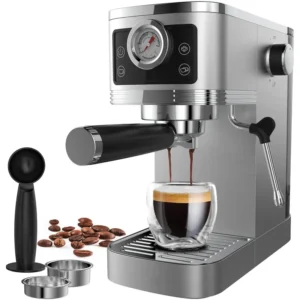 Siebträgermaschine CM1660B mit 20 Bar Ulka-Pumpe, Edelstahlgehäuse, 1350W, 10MM Milchschaumdüse, Manometer, Touch-Bedienung, Tassenwärmer, 1,3L Wassertank, kompakt & stylisch für Barista-Genuss zu Hause & im Büro, Latte